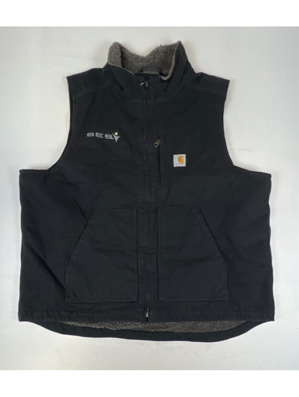 Carhartt Men XL Black Duck Canvas Sherpa Lined Full Zip Workwear Vest Utility